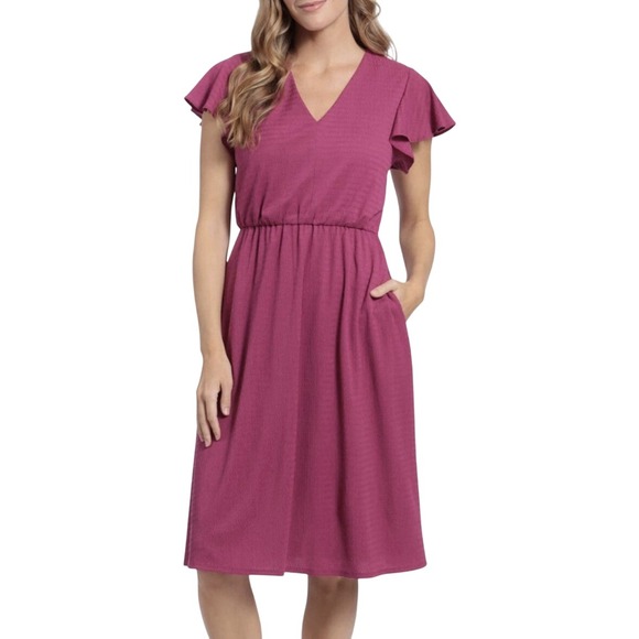 London Times Dresses & Skirts - London Times Flutter Sleeve Midi Dress with Pockets M Tie Back V-Neck Casual